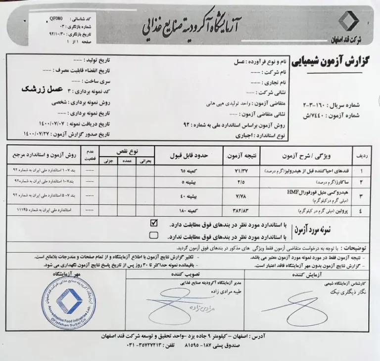 نتیجه آزمایش عسل زرشک